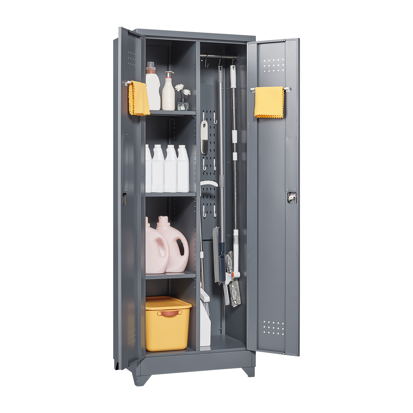 Broom Storage Cabinet With Locking Doors And Shelves, 65  H Metal Storage Cabinet With Hanging Rod & S-Hooks, Cleaning Tool Storage Cabinet Grey