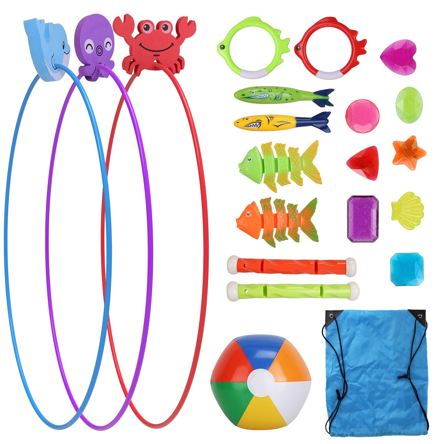 Set Of 24Pcs Diving Toys Swimming Pool Toys Swim Toys For Kids Above Aged 3 Years Old Swim Thru Rings Torpedoes Gems Volleyball Storage Bag