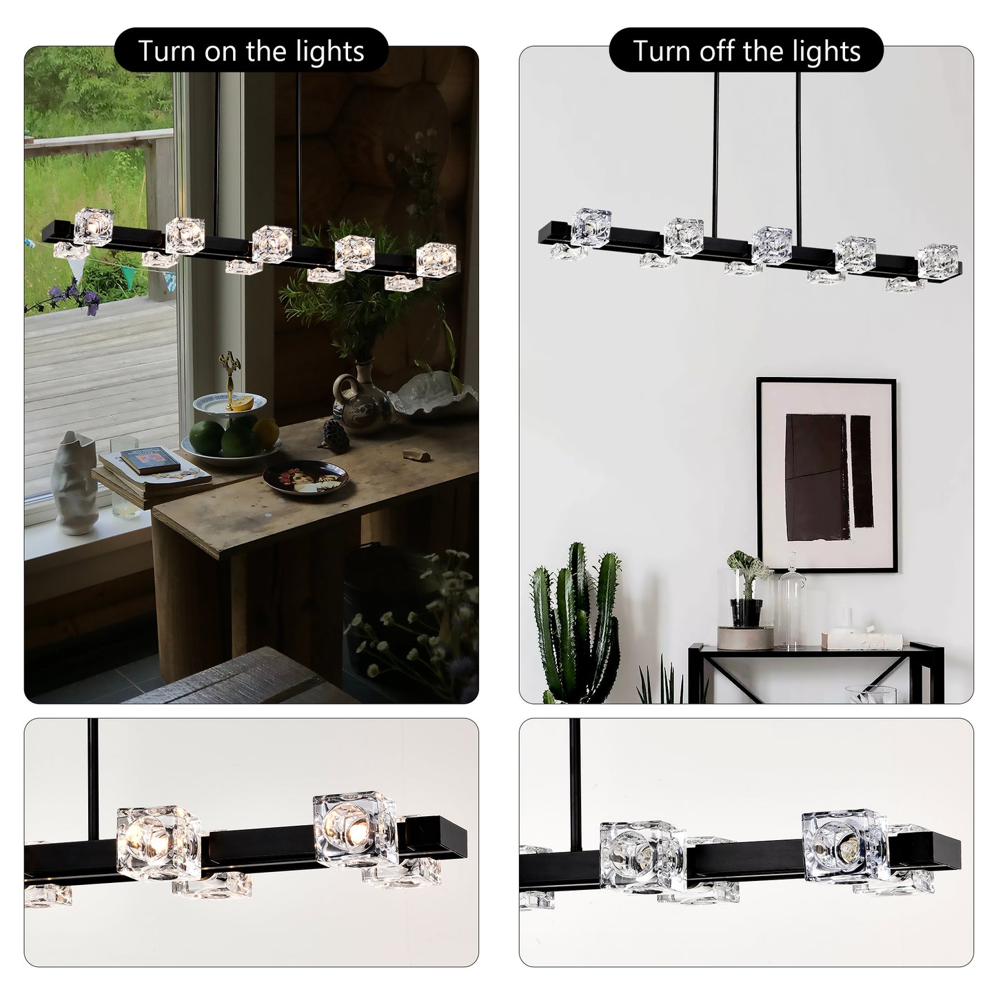 Rectangle Chandelier For Dining Room, 10-Light Black Farmhouse Linear Pendant Light Fixture, Modern Crystal Hanging Lighting Chandelier For Lobby, Kitchen, Bedroom, Living Room, Conference Room, Home