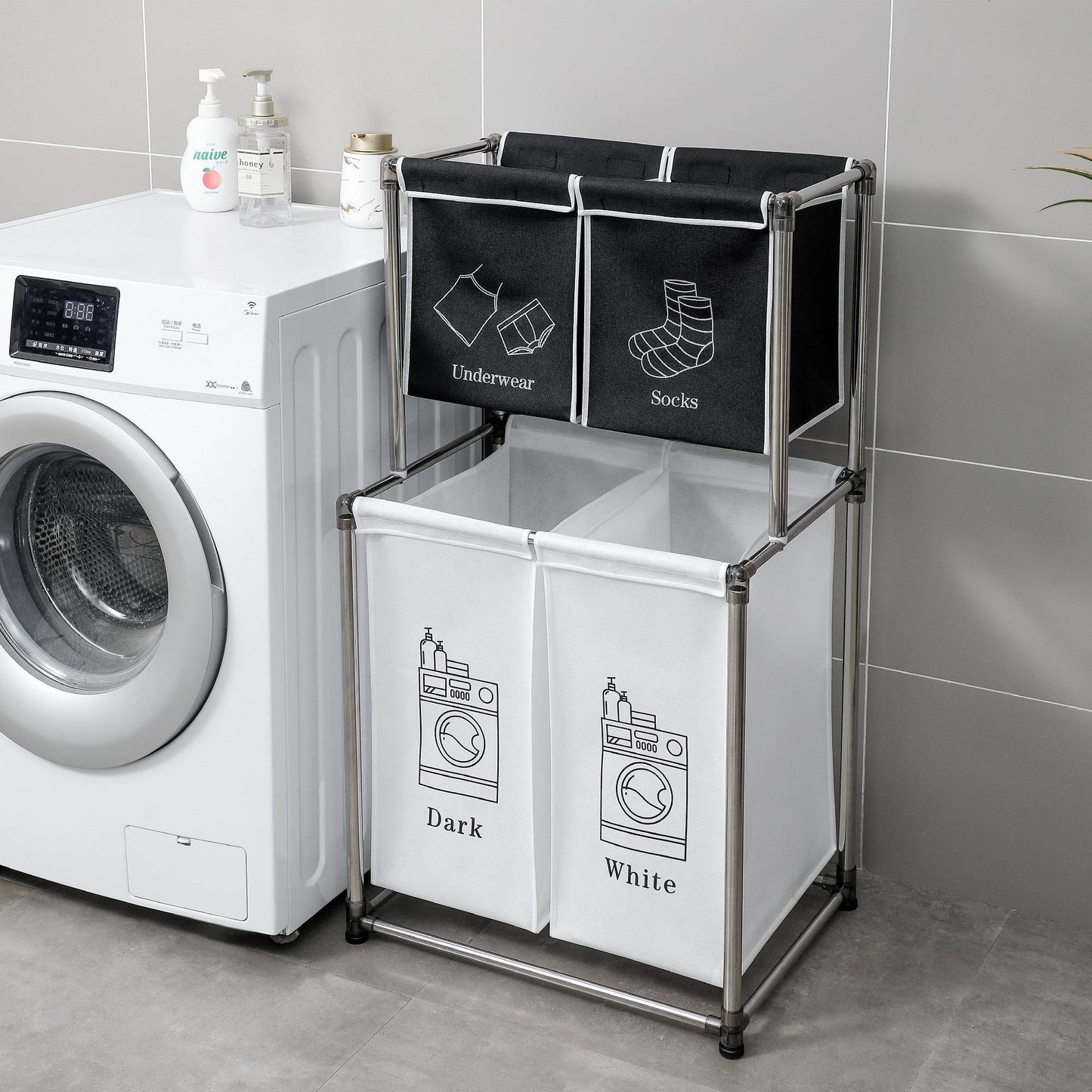 2 Tier Laundry Hamper Laundry Sorter With 4 Removable Bags For Organizing Clothes