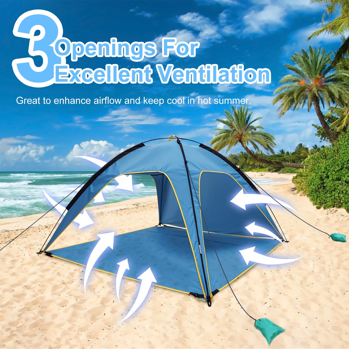 1Pc 4-6 Person Beach Tent Canopy  With 3 Door Openings Carry Bag UPF50 Waterproof  For Beach Picnic Camping Hiking Adventure Fishing
