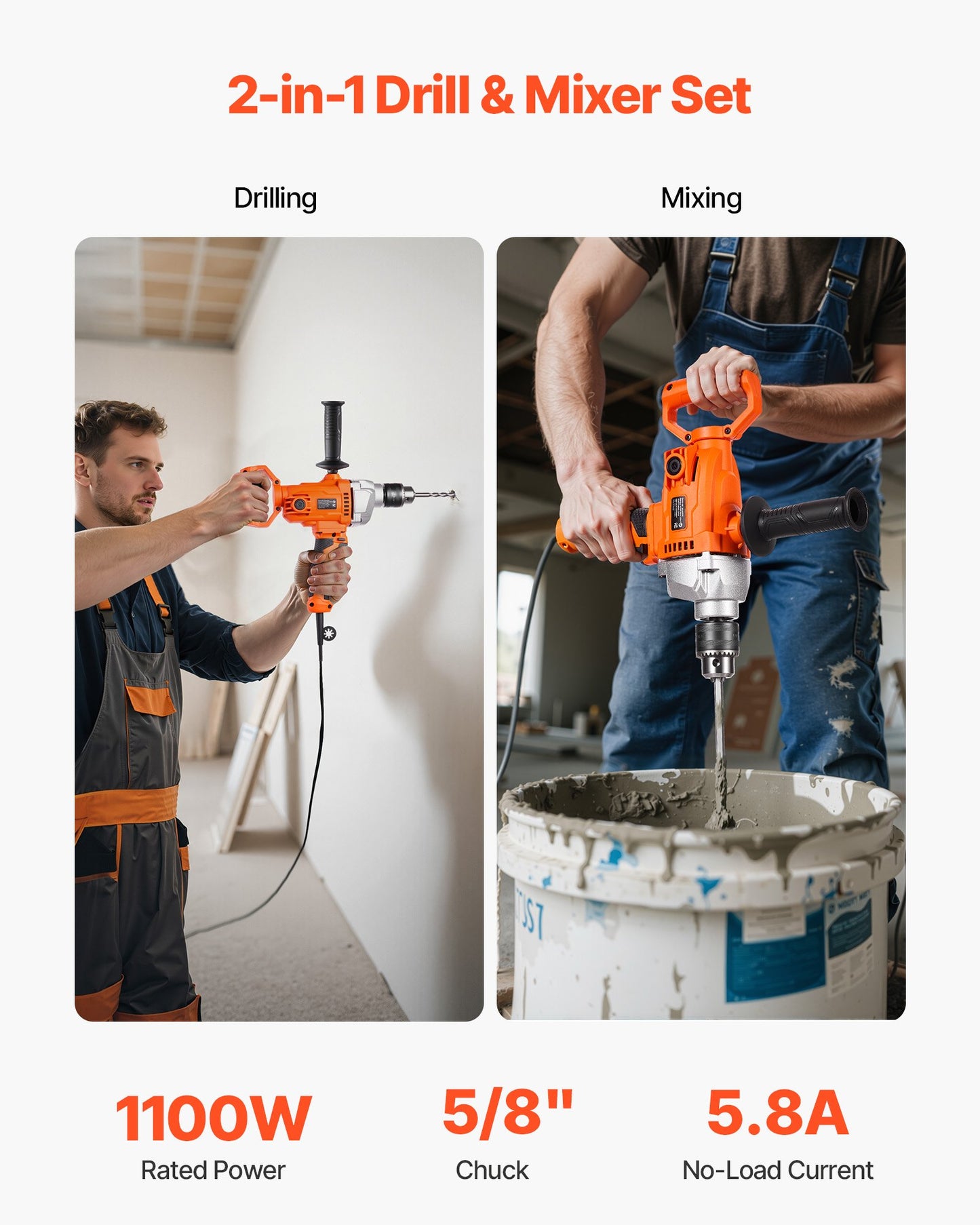Drill Mixer, 5/8 Inch Corded Electric Drill Mixer Set, 0-850RPM 5.8A Mixing Drills, Mixing Drills Machine With D-Handle For Drilling & Blending, Handheld Cement Mixers For Fodder, Paint, Cement