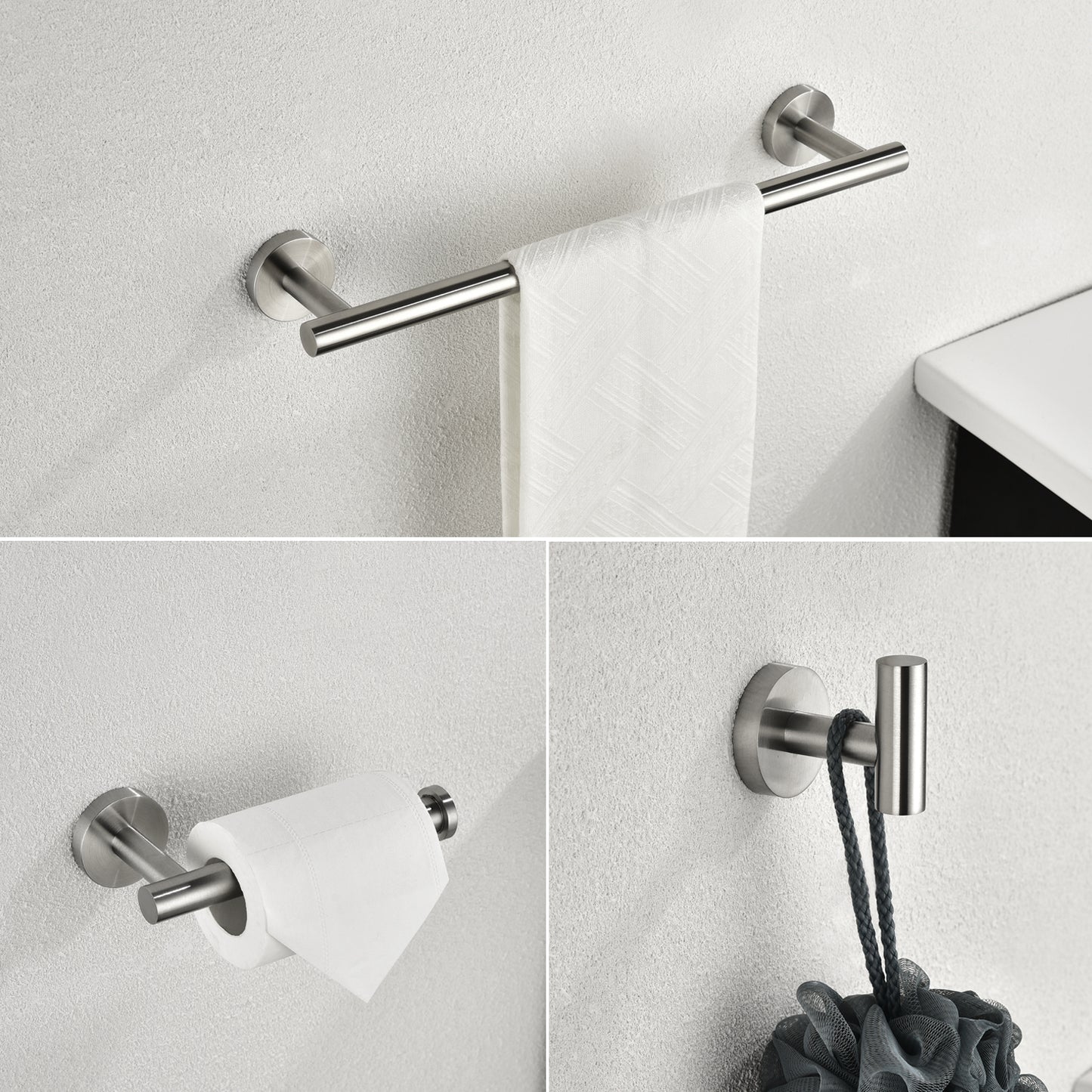 3-Pieces Bathroom Hardware Accessories Set - Towel Bar, Toilet Paper Holder, Robe Towel Hooks