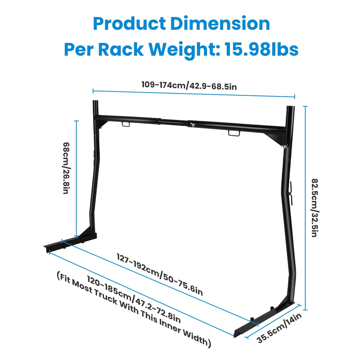 1Pair Extendable Truck Ladder Rack Non-Drilling Pick-up Truck Bed Utility Rack Adjustable Steel Truck Rack With 800LBS Capacity For 47.2-72.8in Wide Truck Bed For Kayak Surfboard