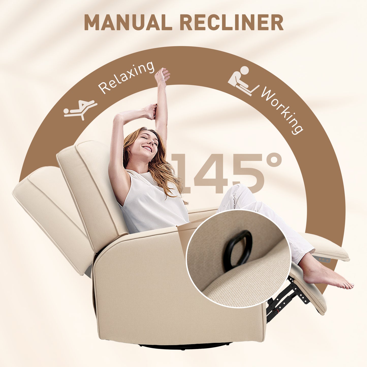 Manual Recliner Chair for Adults with Thick Cushion, Breathable Fabric Glider Rocking Chair for Living Room, Beige
