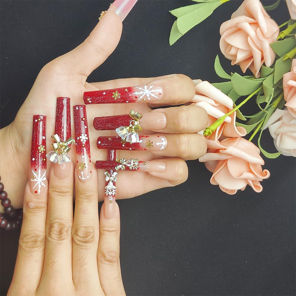 GGddsha Long Handmade PMMA Acrylic Nails Red WithSnowflake Rhinestone Bell Design Reusable Full CoverageFalse Nail Ladies False Nail Set,Lumiere Neige