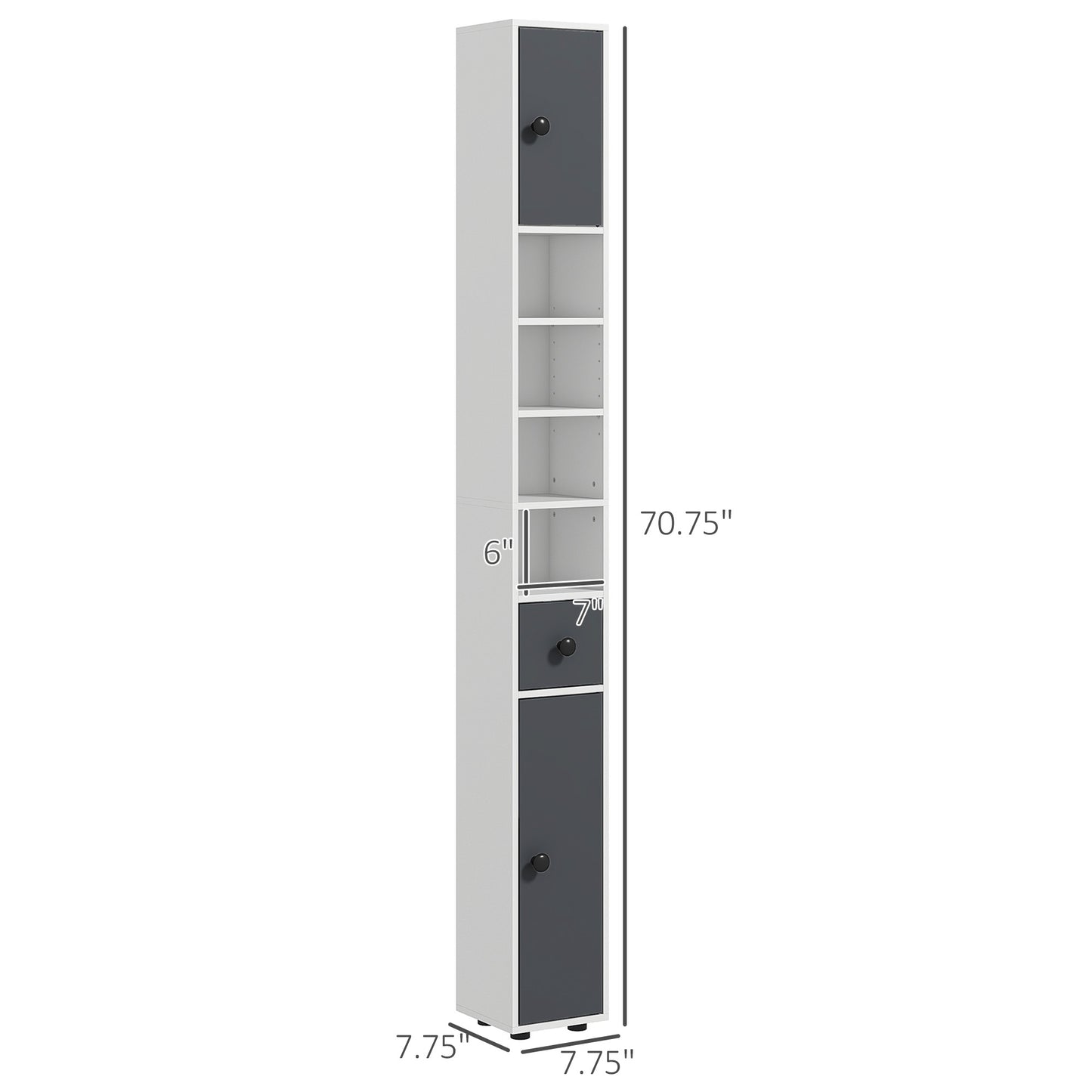 71" Small Bathroom Storage Cabinet, Narrow Toilet Paper Cabinet with Open Shelves, 2 Cabinets, Adjustable Shelves, Gray