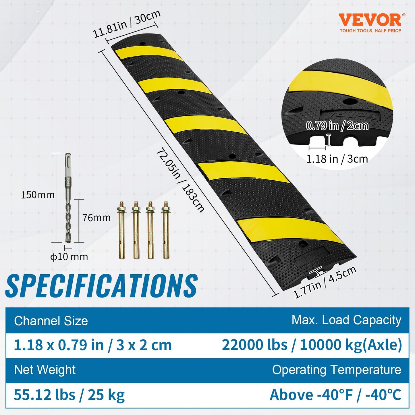 VEVOR 72'' Rubber Speed Bump 2 Channel 22000 Lbs Load Heavy Duty Speed Hump