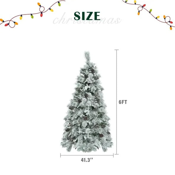 6FT Pre-Lit Spruce Snow Flocked Christmas Tree With Pine Cones, Artificial Xmas Tree With 403 Branch Tips,Mixed PE  PVC Branches, 250 Multi-Color LED Lights, 11 Flashing Modes, Holiday Decor