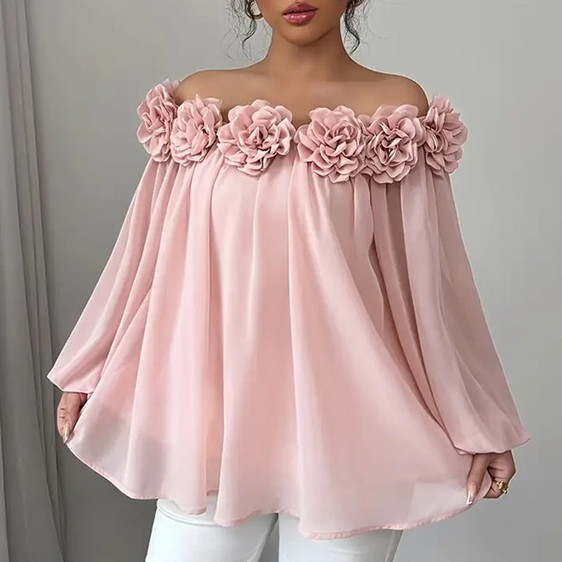 Women's 3D Floral Off Shoulder Blouse, Elegant Long Sleeve Ruffle Sheer Shirt For Party, Evening Dressy Top