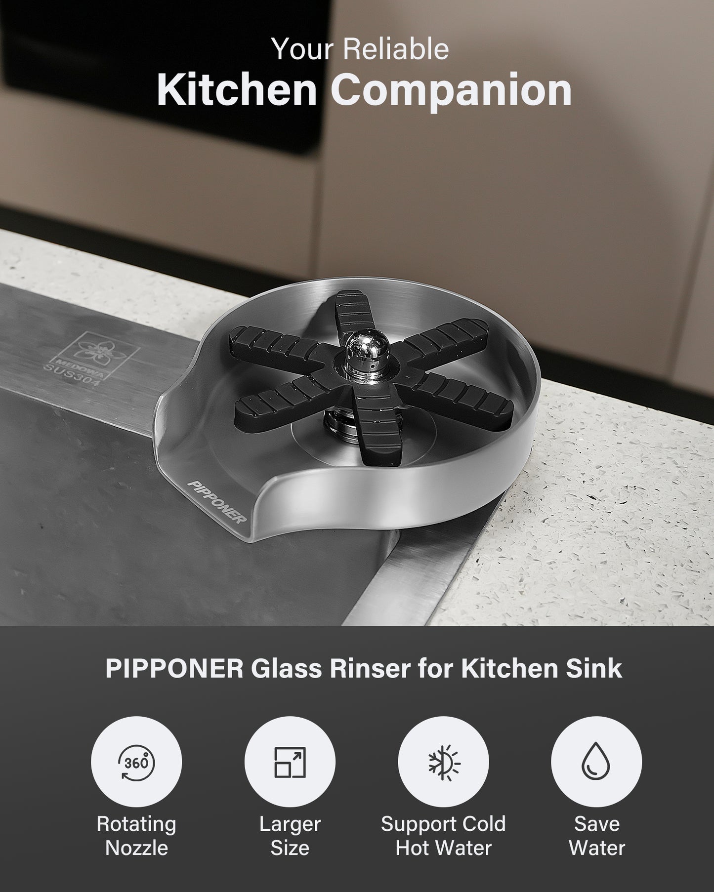 PIPPONER Glass Rinser For Kitchen Sink, Upgrade 360 Rotating High Pressure Jet Glass Rinser, 5-inch Stainless Steel Cup Washer, Cup Rinser Sink Attachment For Home And Commercial