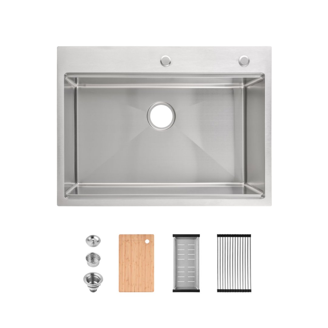 Stainless Steel Kitchen Sink, Single Bowl, Overmount Handmade Sink In Brushed, With Cutting Board, Colander