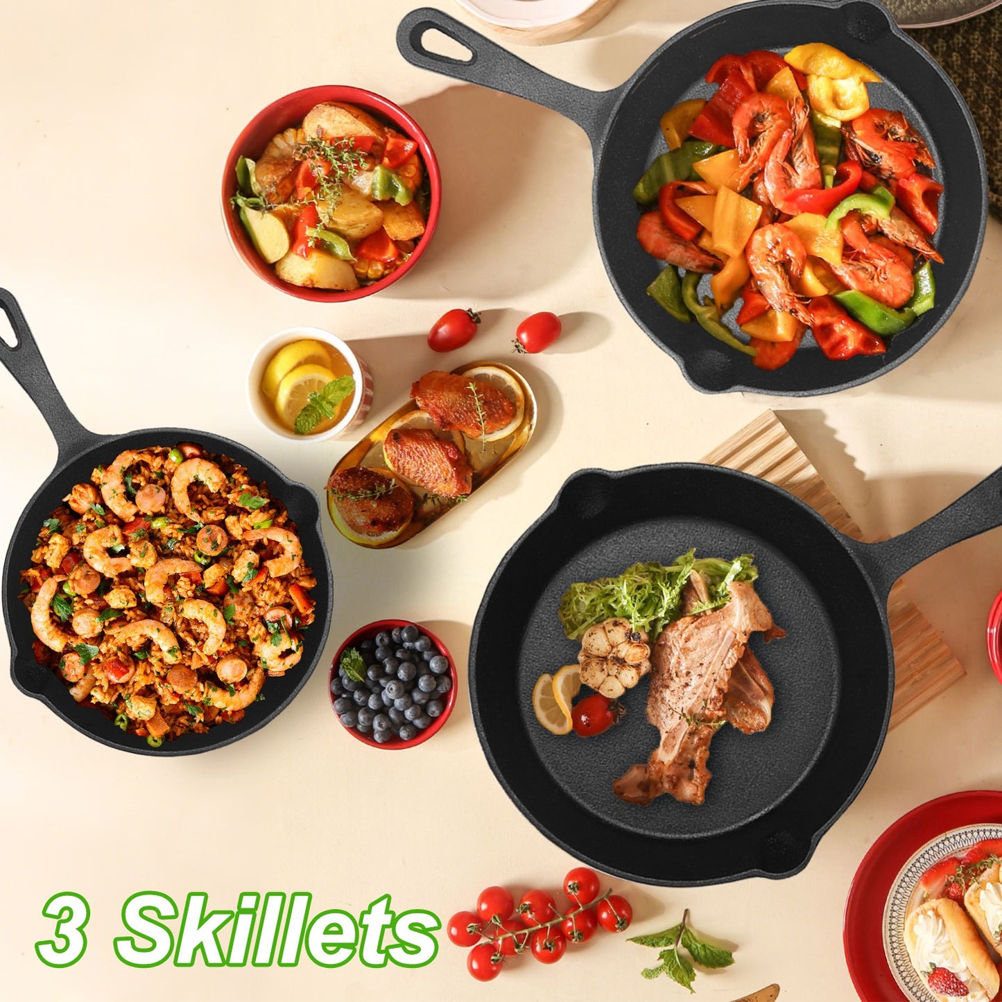3Pcs Pre-Seasoned Cast Iron Skillet Set 6in 8in 10in Non-Stick Oven Safe Cookware Heat-Resistant Frying Pan For Frying Cooking Baking