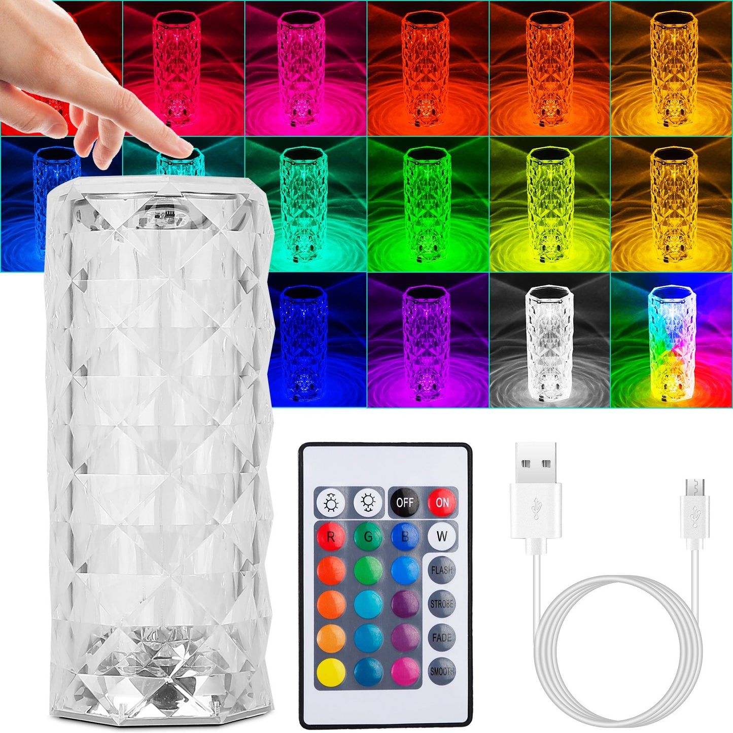 Crystal Diamond Rose Table Lamp Dimmable Remote Touch Control Beside LED Night Light Rechargeable 16 Color Change Atmosphere Bar Lamp