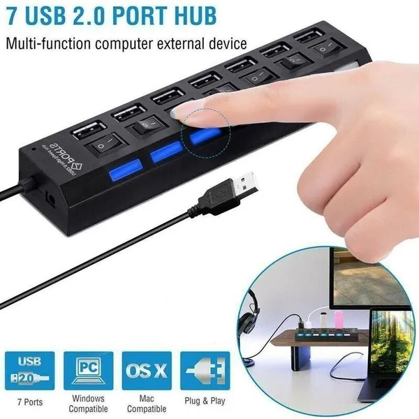 7 Port USB 2.0  3.0 Hub Splitter Adapter High Speed For PC Laptop Desktop