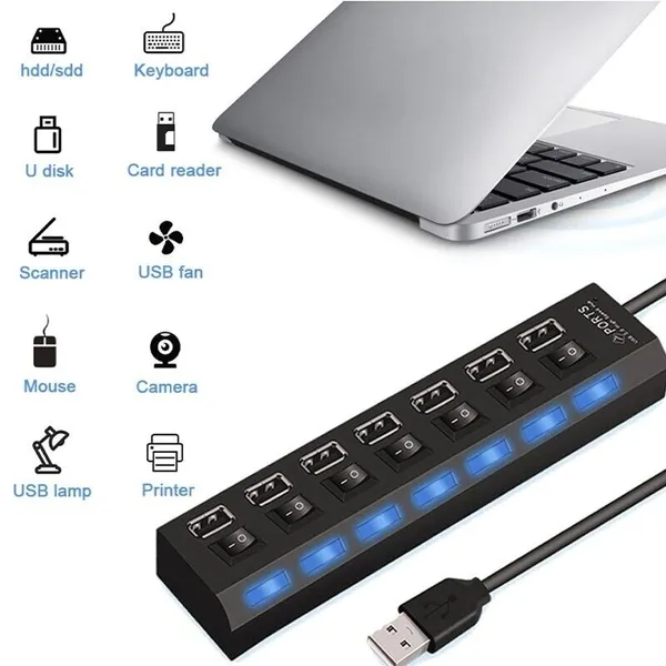 7 Port USB 2.0  3.0 Hub Splitter Adapter High Speed For PC Laptop Desktop