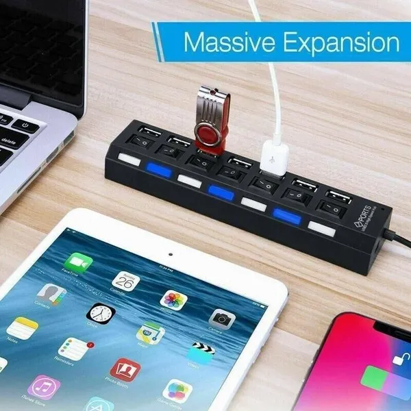 7 Port USB 2.0  3.0 Hub Splitter Adapter High Speed For PC Laptop Desktop