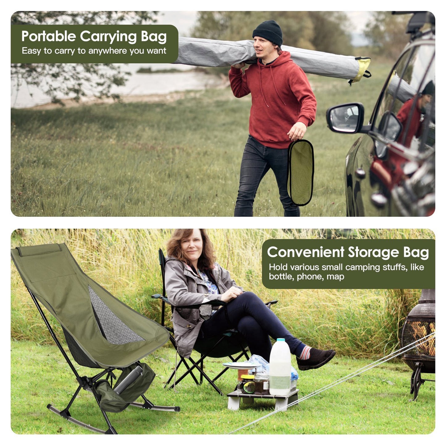 1Pc Portable Camping Rocking Chair 198LBS Weight Capacity Included Carry Bag High Back Rocker Chair For Patio Fishing Beach Lawn Travel