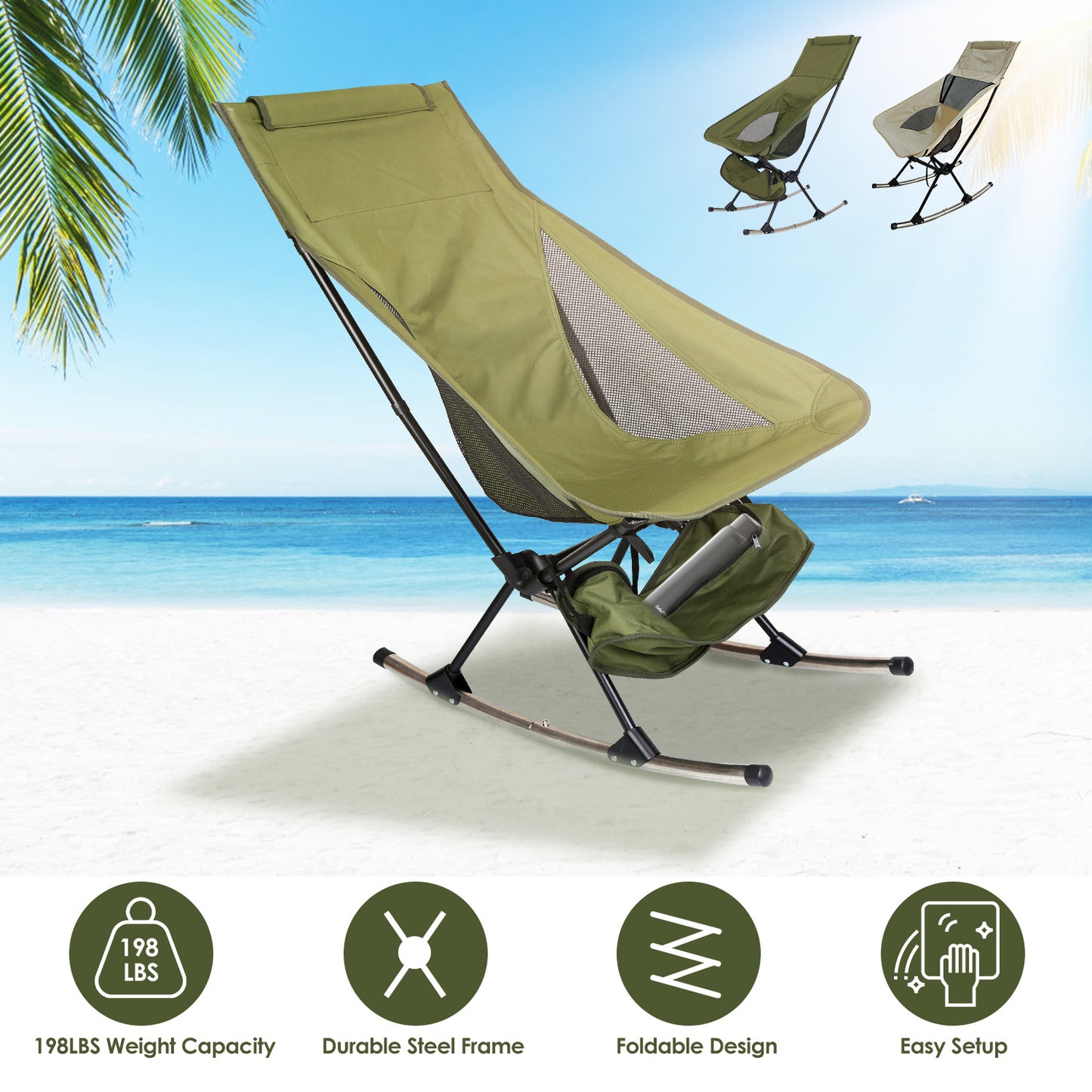 1Pc Portable Camping Rocking Chair 198LBS Weight Capacity Included Carry Bag High Back Rocker Chair For Patio Fishing Beach Lawn Travel