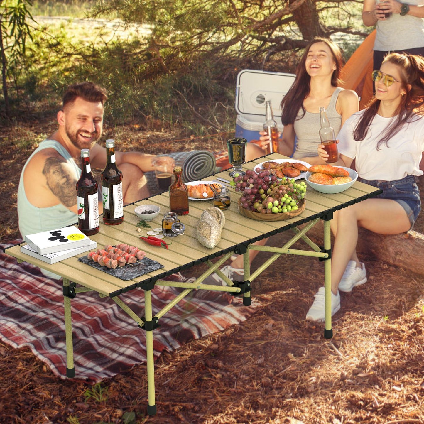 1Pc S Or L Size Options Folding Camping Table Portable Lightweight Carbon Steel Roll-up Picnic BBQ Desk With Carry Bag Heavy Duty For Outdoor Beach Backyard Party Patio Camping Hiking BBQ Picnic