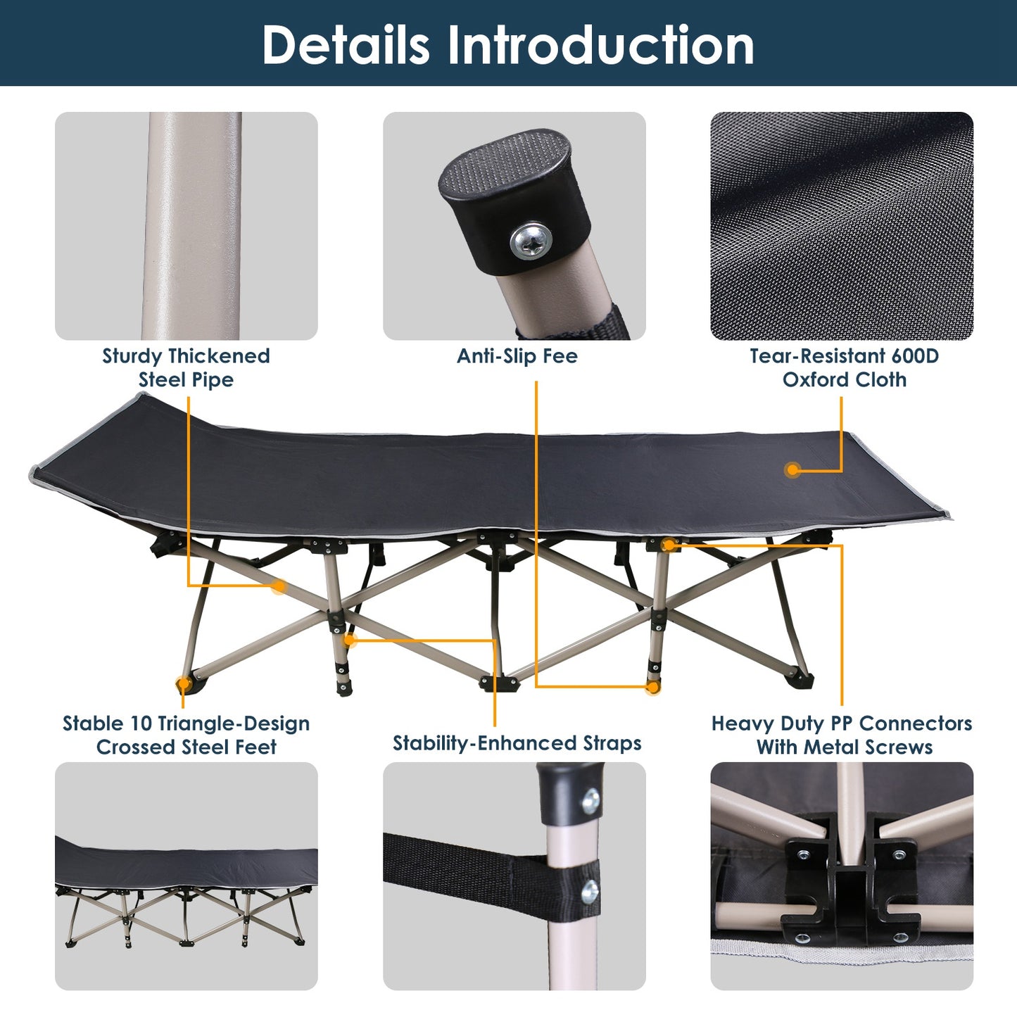 1Pc Folding Camping Cot Portable Sleeping Camping Bed Collapsible Travel Camp Cots Guest Bed Cot With 2-Sided Soft Pad 440LBS Max Load