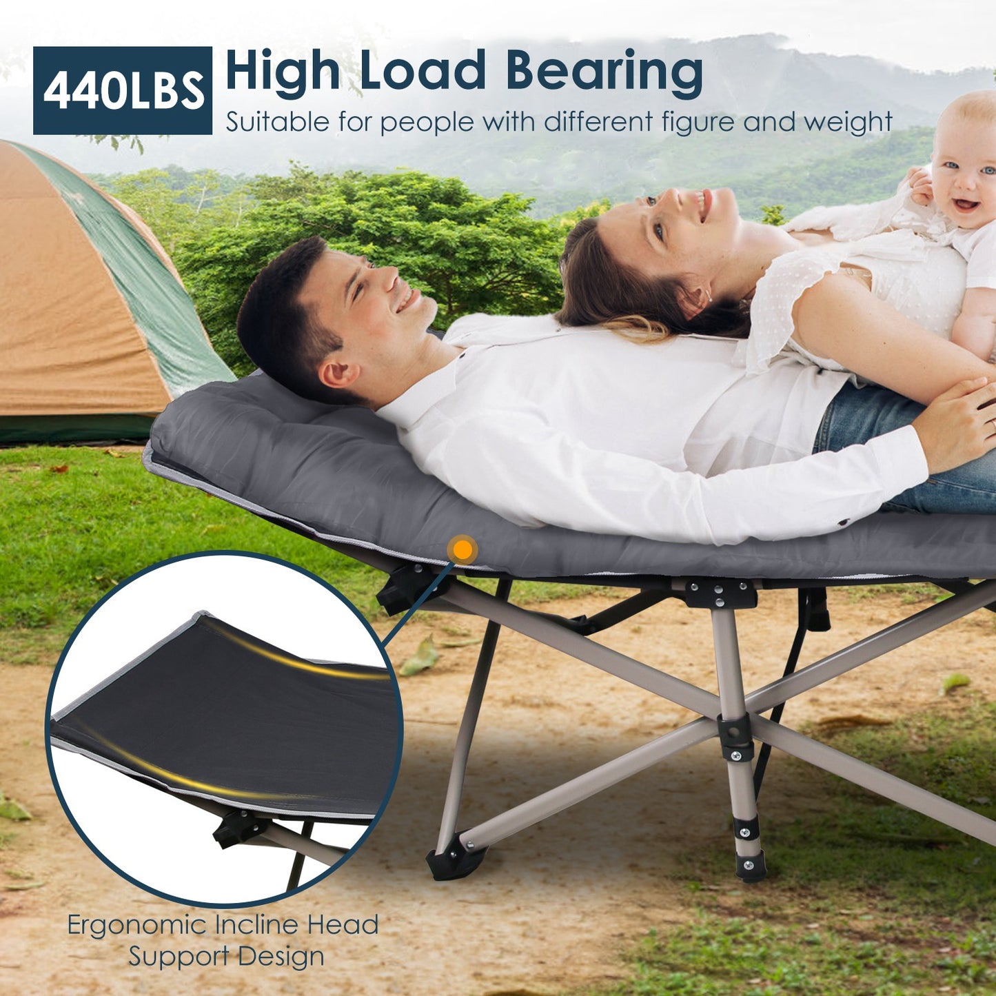1Pc Folding Camping Cot Portable Sleeping Camping Bed Collapsible Travel Camp Cots Guest Bed Cot With 2-Sided Soft Pad 440LBS Max Load