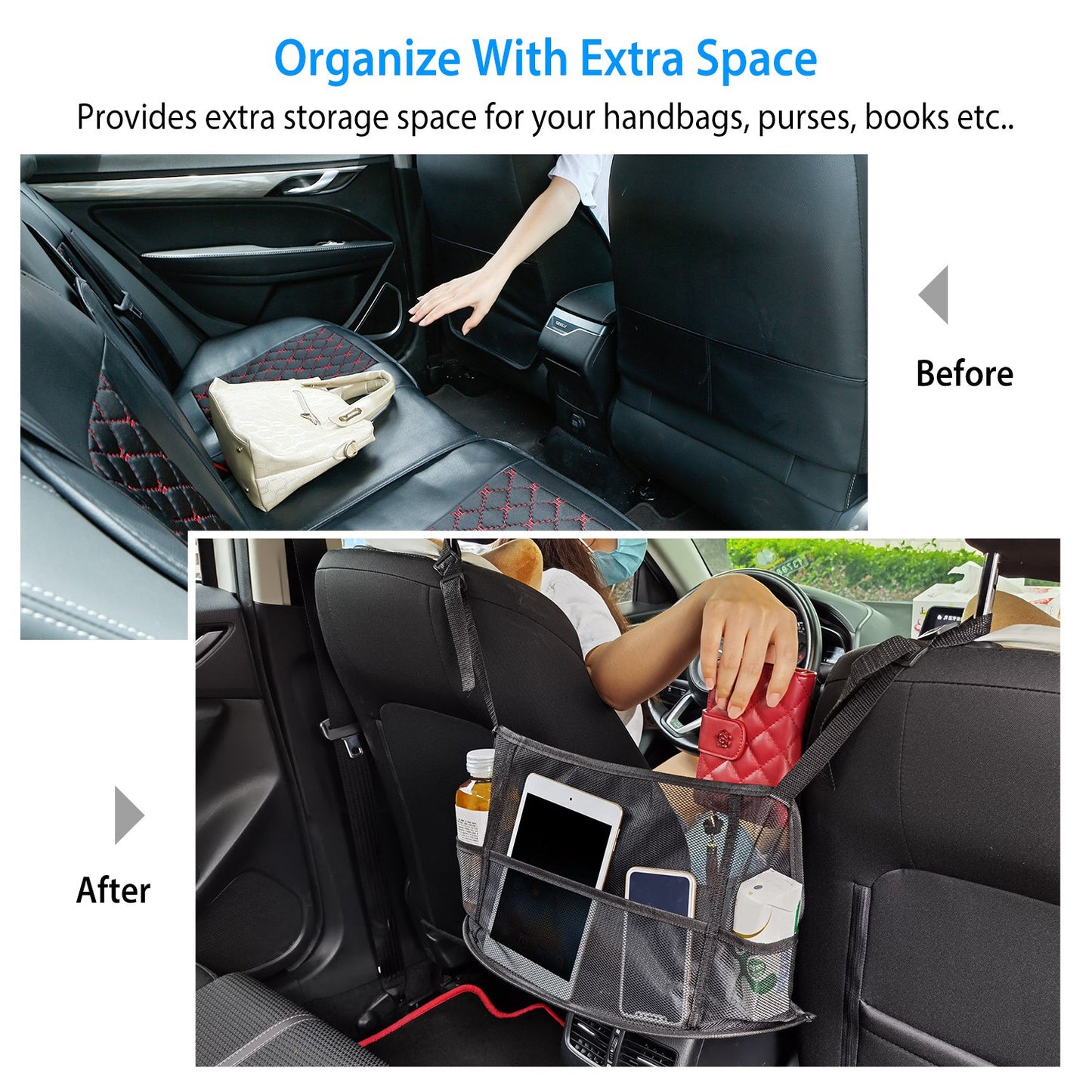 1Pc Car Net Pocket Handbag Holder Car Storage Netting Pouch Seat Side Storage Mesh Organizers Bag For Purse Phone Documents Barrier Pets Kids At Backseat