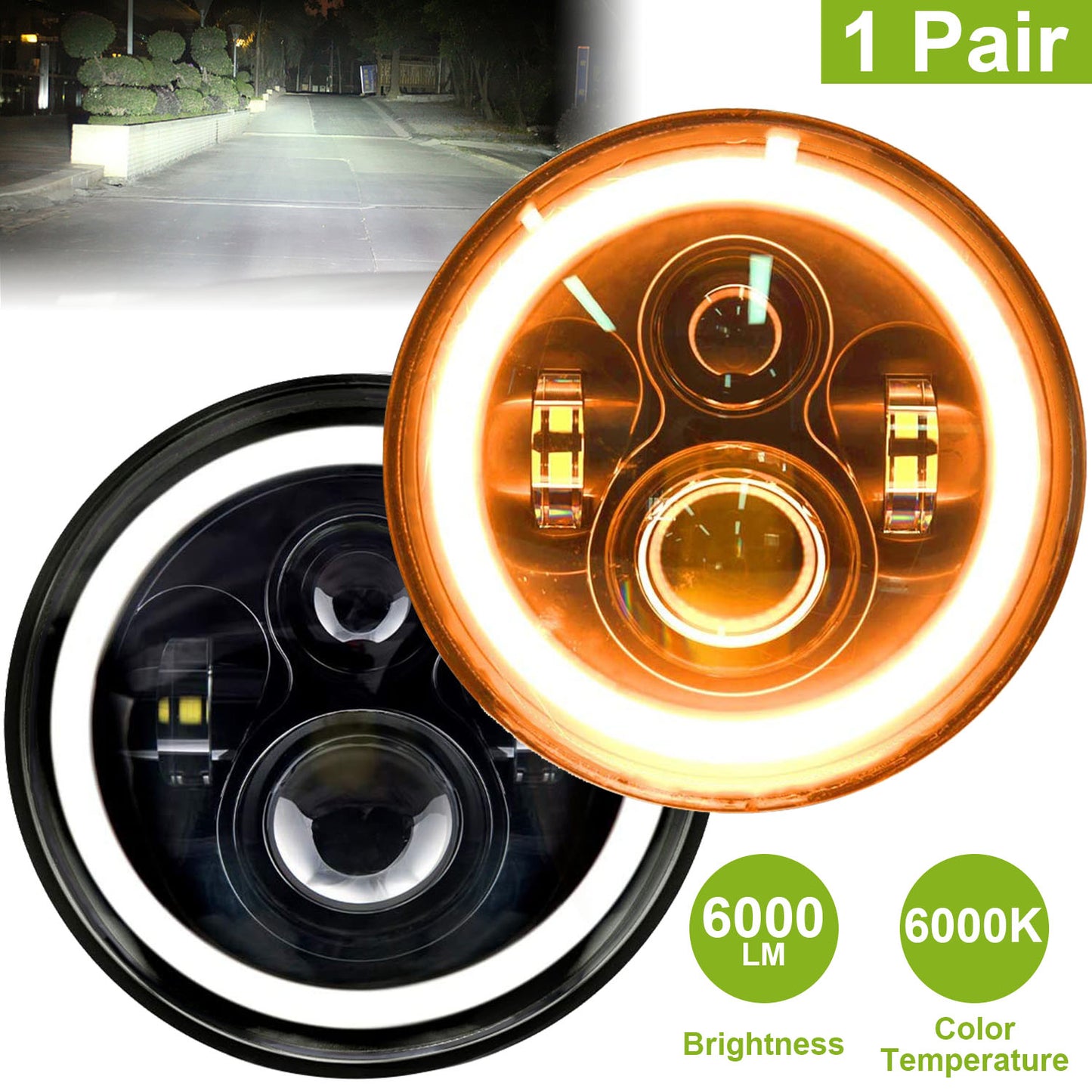 2Pc 7in 6000LM Round LED Headlight Halo Angel Eyes For Jeep Wrangler TJ JK CJ With H4 To H13 Adapter Plug And Play