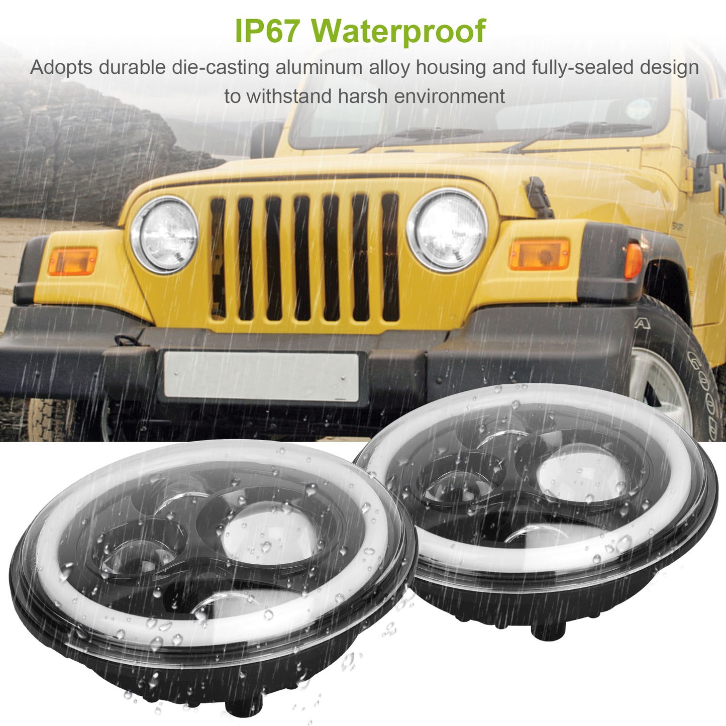 2Pc 7in 6000LM Round LED Headlight Halo Angel Eyes For Jeep Wrangler TJ JK CJ With H4 To H13 Adapter Plug And Play