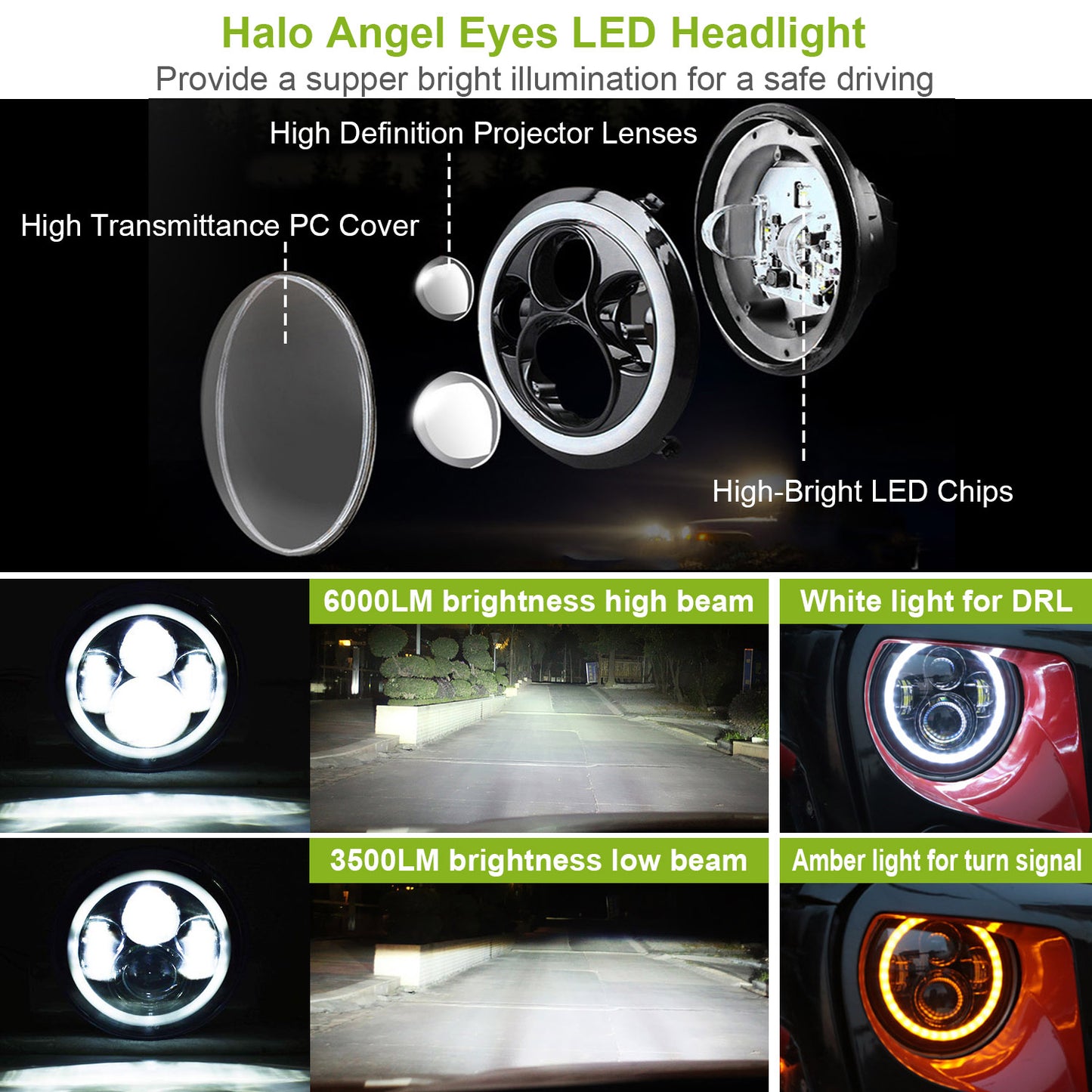 2Pc 7in 6000LM Round LED Headlight Halo Angel Eyes For Jeep Wrangler TJ JK CJ With H4 To H13 Adapter Plug And Play