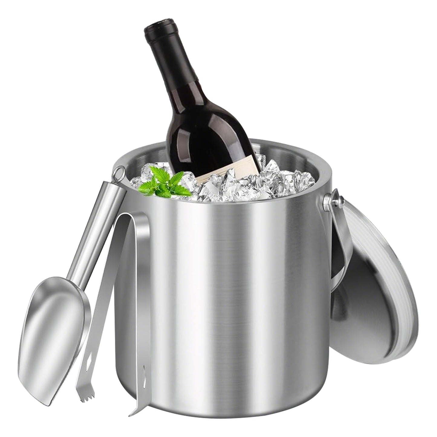 1 Set Double Wall Stainless Steel Insulated Ice Bucket 3L Ice Holder Ice Container With Lid Scoop Strainer Handle For Wine Champagne Beer Parties Cocktails