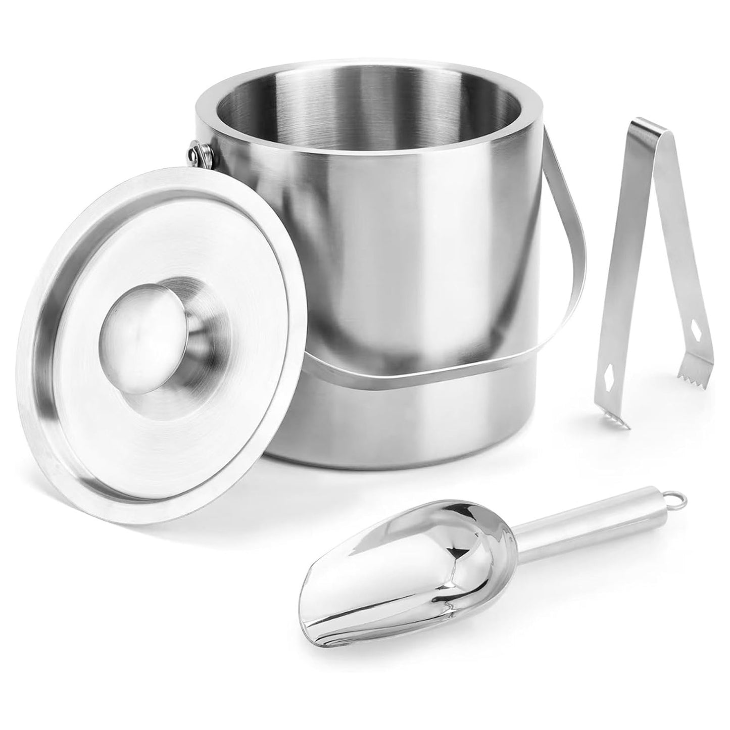 1 Set Double Wall Stainless Steel Insulated Ice Bucket 3L Ice Holder Ice Container With Lid Scoop Strainer Handle For Wine Champagne Beer Parties Cocktails