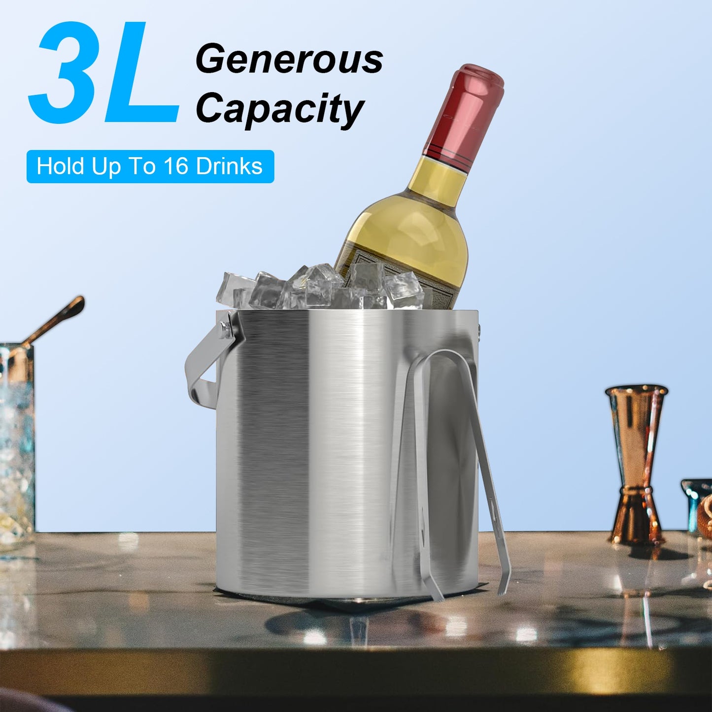 1 Set Double Wall Stainless Steel Insulated Ice Bucket 3L Ice Holder Ice Container With Lid Scoop Strainer Handle For Wine Champagne Beer Parties Cocktails