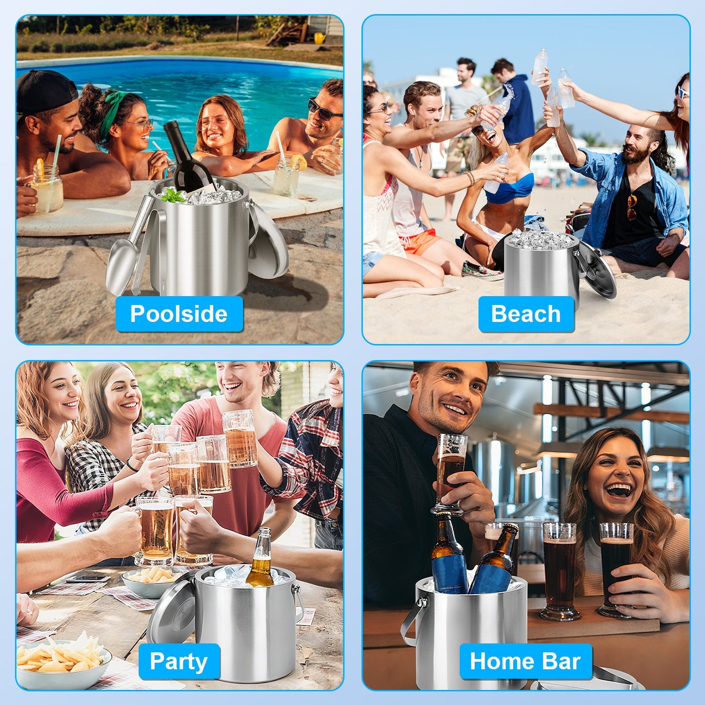 1 Set Double Wall Stainless Steel Insulated Ice Bucket 3L Ice Holder Ice Container With Lid Scoop Strainer Handle For Wine Champagne Beer Parties Cocktails