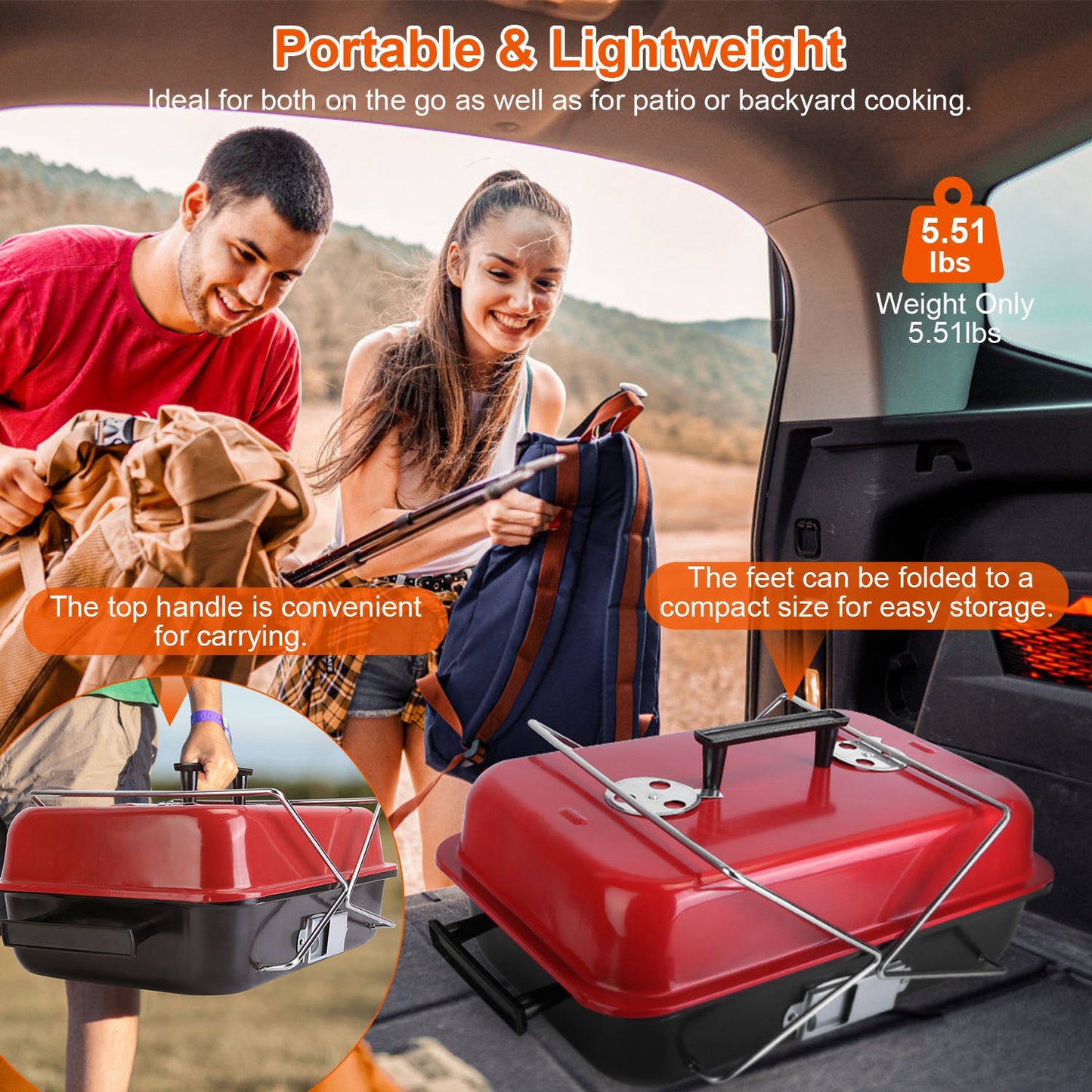 Portable Charcoal Grill Outdoor Tabletop Grill Small Barbecue Smoker Folding BBQ Grill With Lid For Camping Picnics Beach