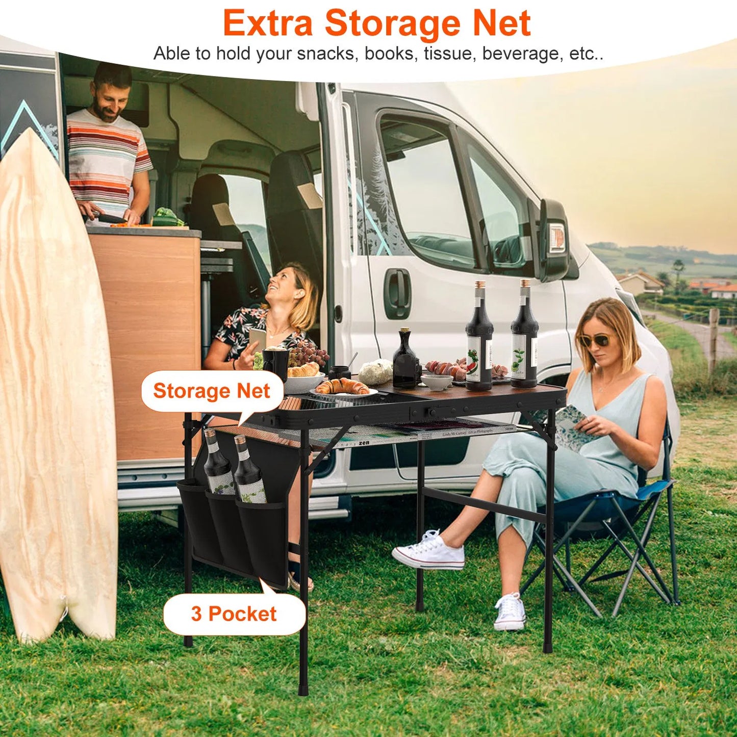 35.43x23.62x26in Foldable Camping Table Collapsible Picnic Aluminum Alloy Grill Stand 66LBS Max Load Height Adjustable BBQ Table With Adjustable Height Storage Net