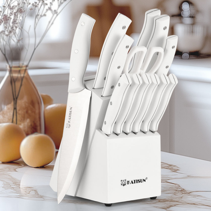 15 Pieces Of White Carbon Steel Blade Kitchen Knife Set, Equipped With A Genuine Wooden Frame, Internal Sharpener, And Kitchen Scissors