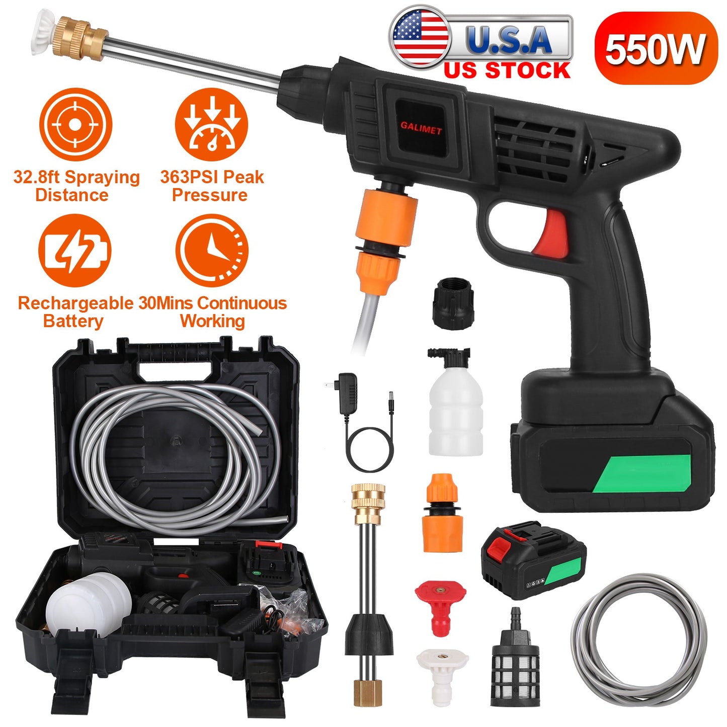 Cordless Pressure Washer Portable Electric Power Washer High Pressure Water Sprayer 363PSI Car Washer Cleaner With 12000mAh 48V Rechargeable Battery And Charger 2 Nozzles