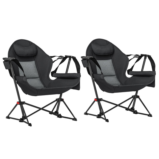 Camping Chair Set Of 2, Adjustable Back Folding Swinging Chair With Cup Holder And Padded Seat, Black