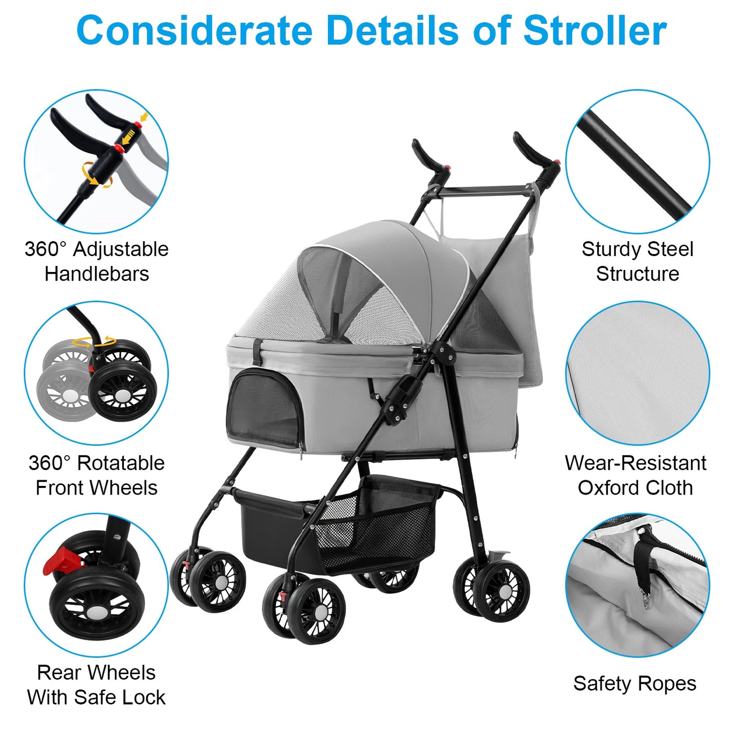 1Pc 4-Wheels Pet Stroller Foldable Carrier Strolling Cart Travel Jogger Pet Stroller With Removable Liner Storage Basket For Dog Cat