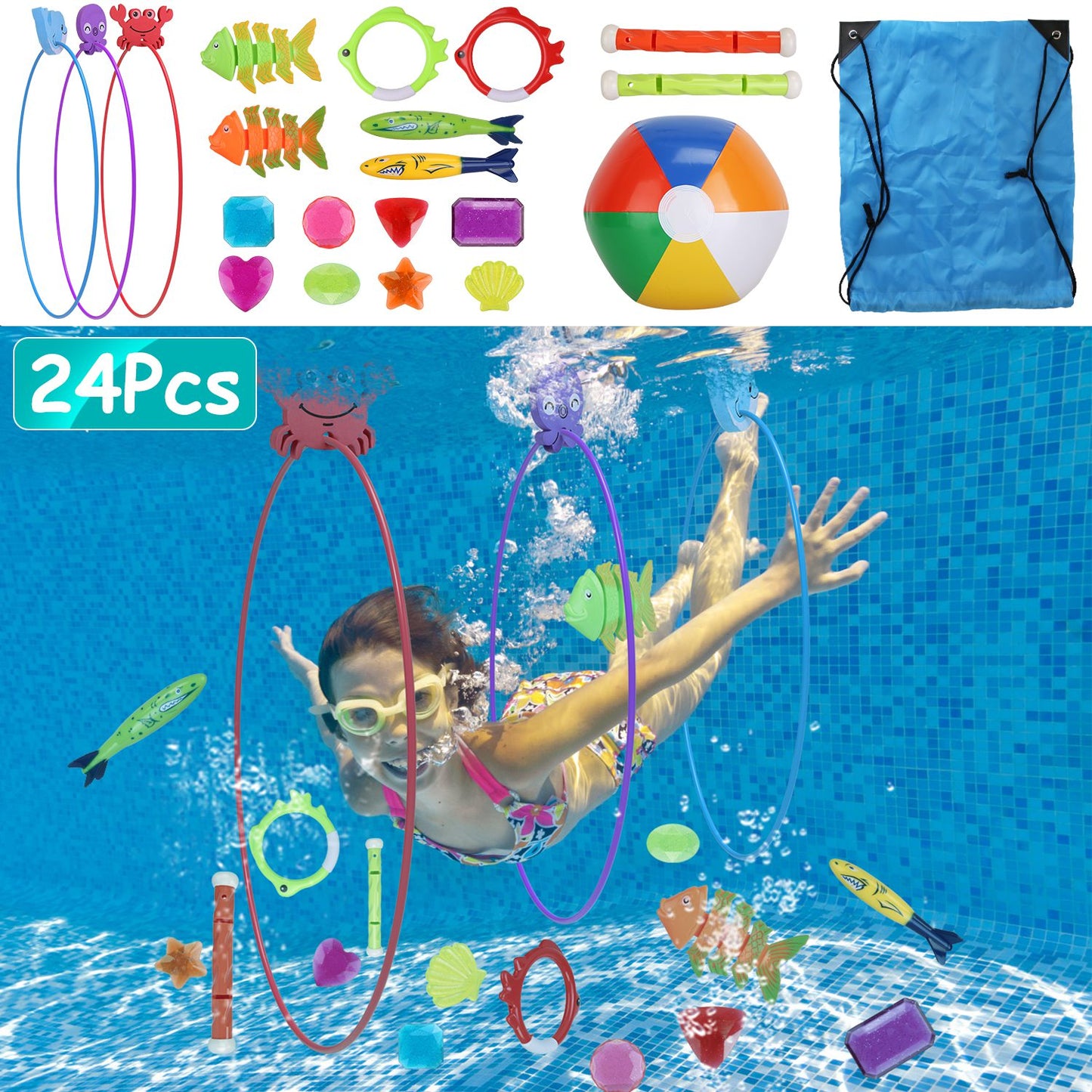 Set Of 24Pcs Diving Toys Swimming Pool Toys Swim Toys For Kids Above Aged 3 Years Old Swim Thru Rings Torpedoes Gems Volleyball Storage Bag