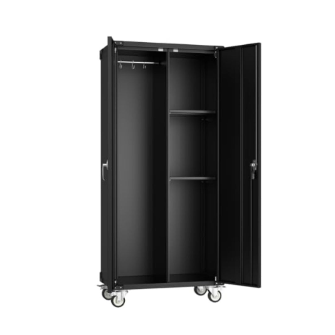 72 H Black Metal Garage Storage Cabinets With Lock Door, Adjustable Shelves And Wheels, Steel Tool Cabinets For Home,Office,Warehouse