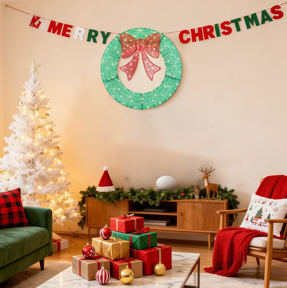 Christmas Wreath Decoration, LED Metal Holiday Decoration In Green Yellow