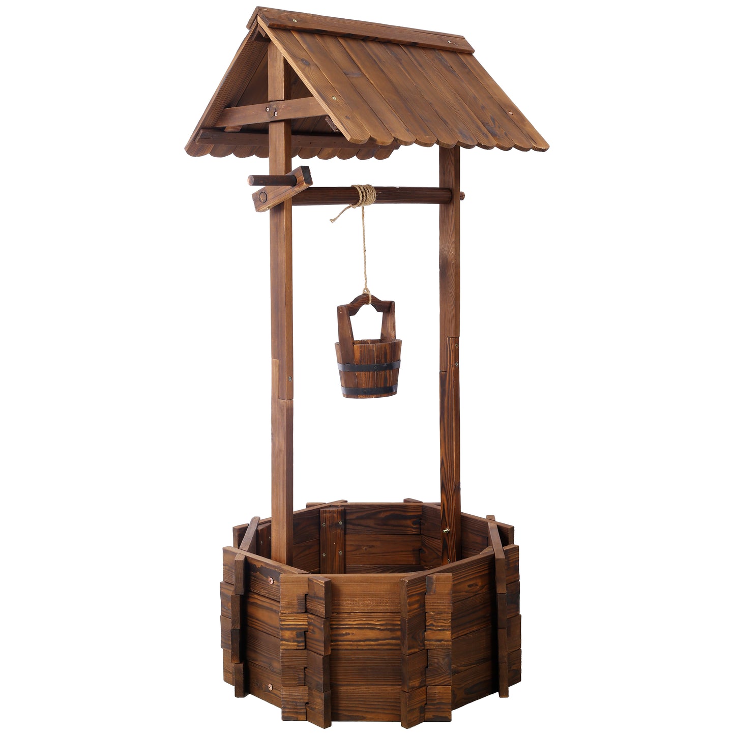 Rustic Wooden Wishing Well Planter Outdoor Home DEcor For Patio, Garden, Yard W Hanging Bucket