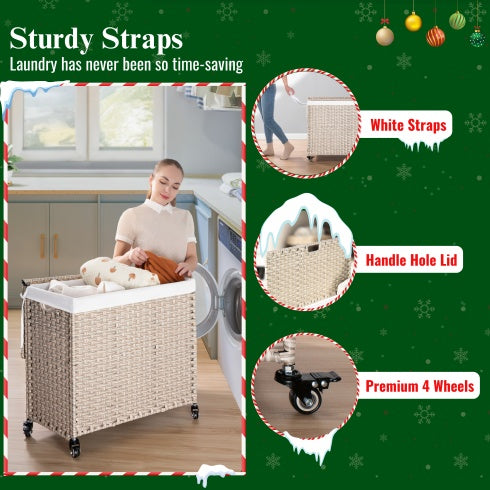 Laundry Hamper With Lid PE Rattan Powder Coating Frame Clothes Hampers With 02 Removable Bags, Wheels, 160L, Gray Color