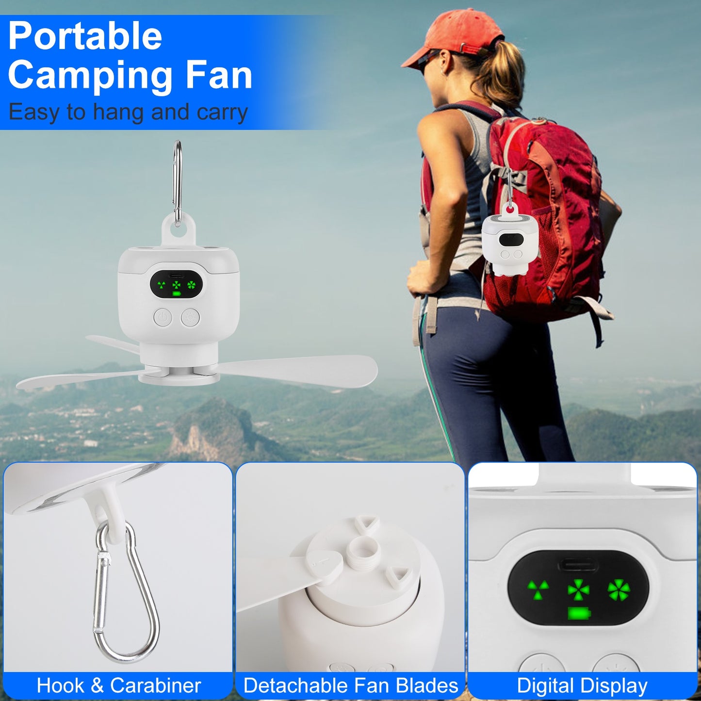 1Pc 2 In 1 Portable Camping Fan With LED Lantern 8000mAh Battery Powered Tent Fan With Carabiner Digital Display 4 Speeds 4 Timer Settings For Camping Canopy Tents RV