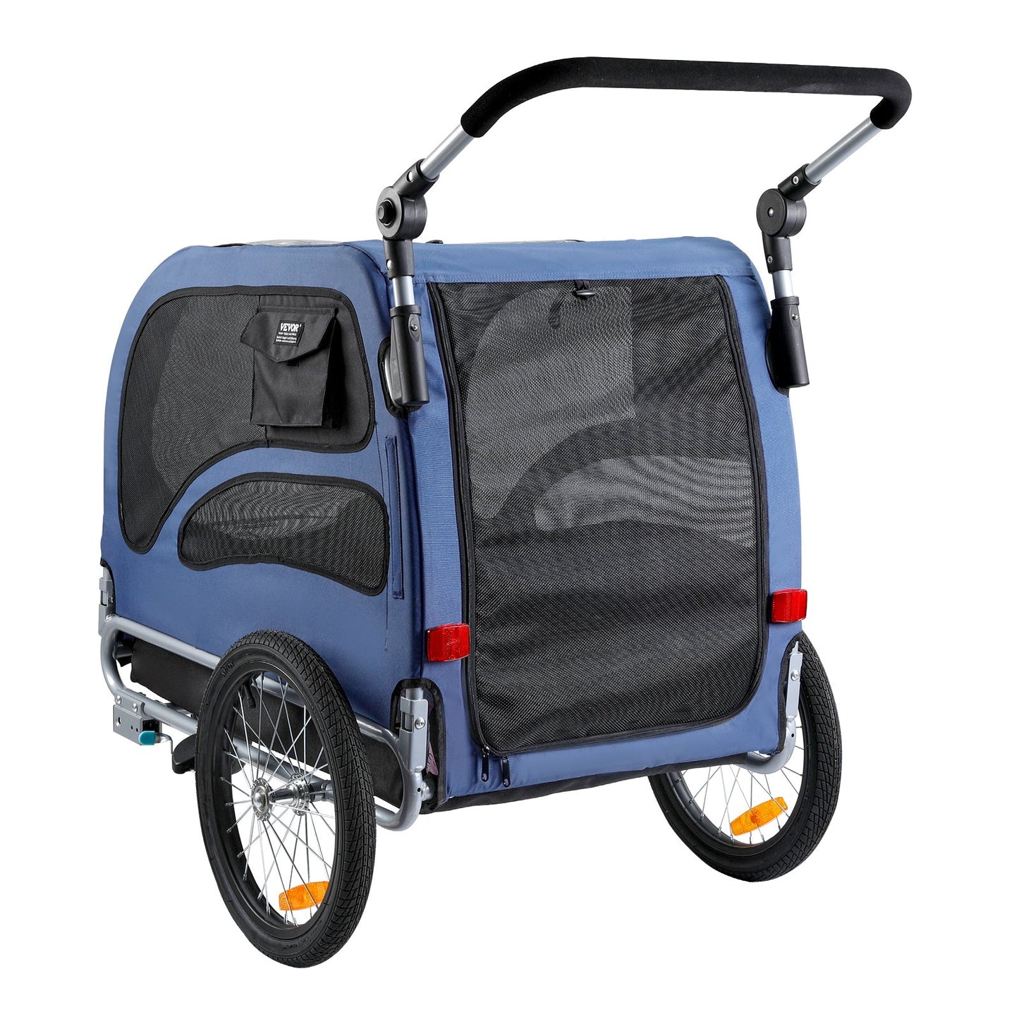 2-in-1 Pet Stroller Cart Bicycle Carrier, Easy Folding Cart Frame With Quick Release Wheels, Universal Bicycle Coupler, Reflectors, Flag, Blue Black