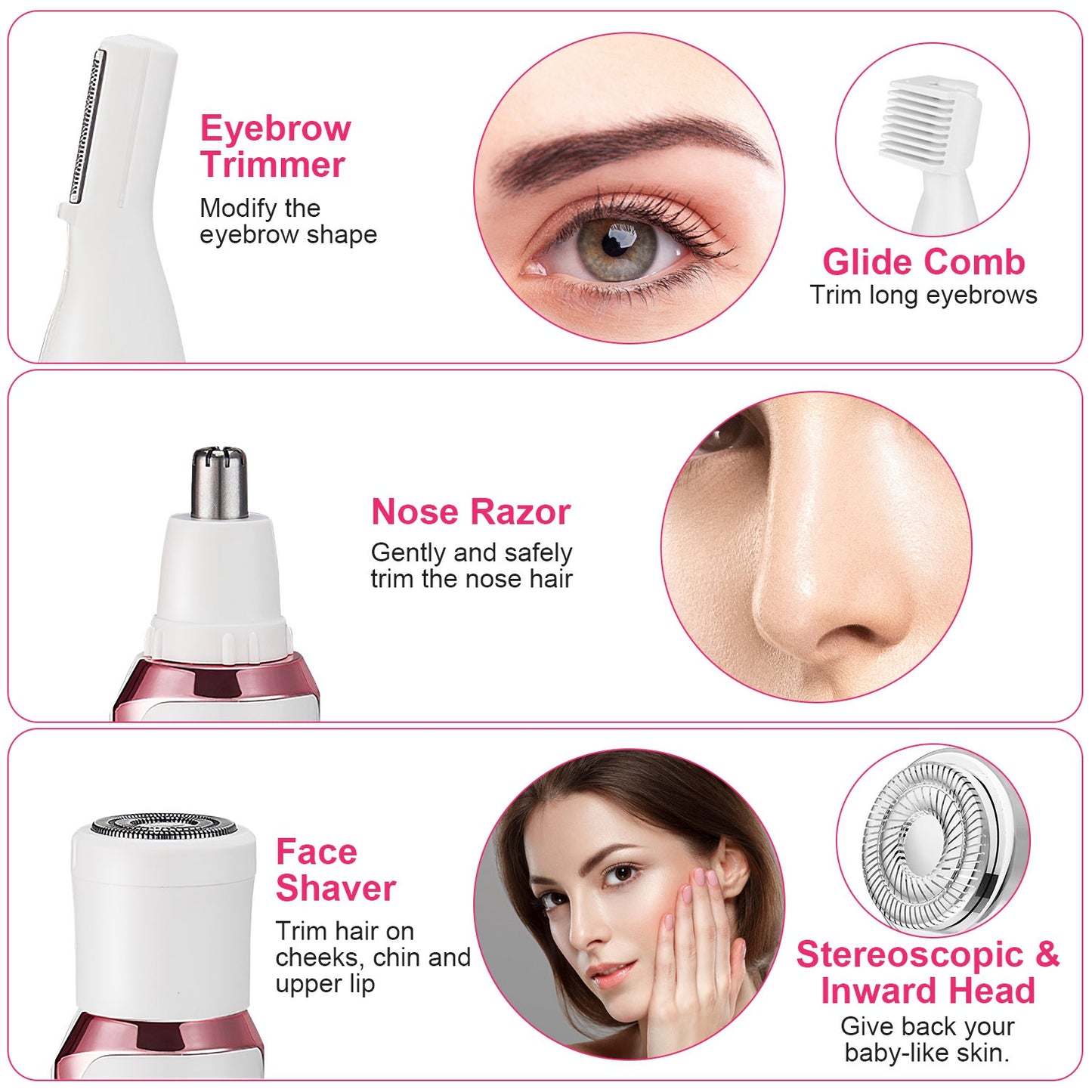 1Pc 4 In 1 Electric Razor For Women Painless Grooming Kit Rechargeable Eyebrow Nose Hair Pubic Hair Bikini Trimmer Face Shaver