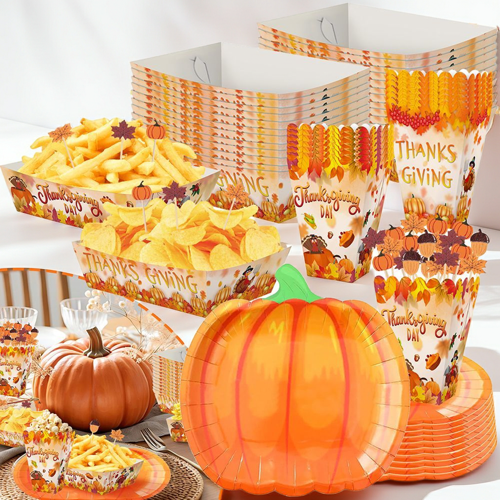 134 Pcs Thanksgiving Party Tableware Set Include Pumpkin Paper Plates Popcorn Boxes Food Trays With Fall Cocktail Picks Disposable Fall Harvest Dinnerware Set For Autumn Holiday Thanksgiving
