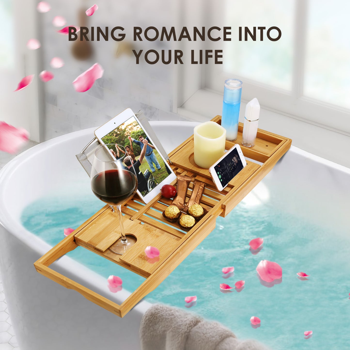 1Pc Bathtub Caddy Tray Crafted Bamboo Bath Tray Table Extendable Reading Rack Tablet Phone Holder Wine Glass Holder Shelf Desk Bathroom Spa